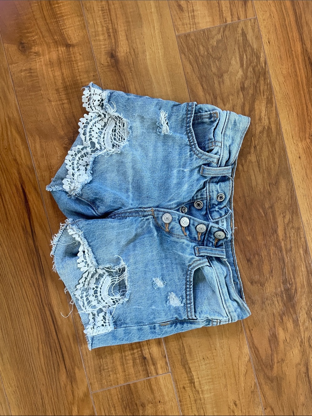 Old Navy Girls Light Blue Distressed Denim Shorts with White Lace